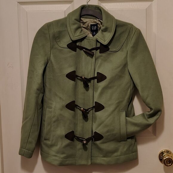 GAP Olive Green Cropped Style Wool Blend Horn Button Toggle Coat Jacket - Picture 1 of 8